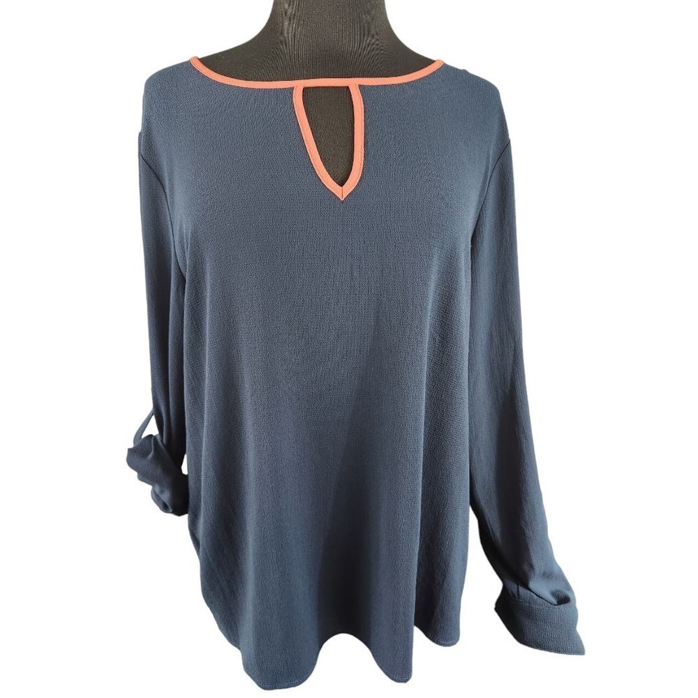 41 Hawthorn navy‎ blue and coral long sleeve blouse spinnet crossback